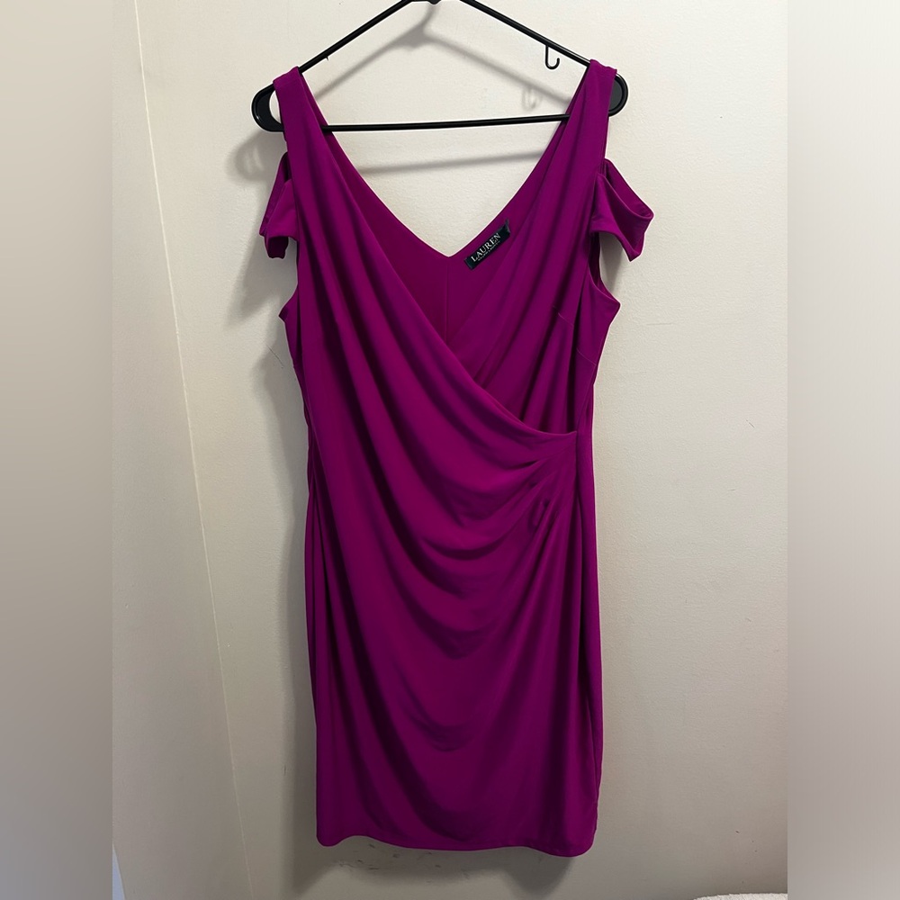 Lauren Ralph Lauren Purple Ruched Cocktail Women's Dress Size 14 Cutout Shoulder